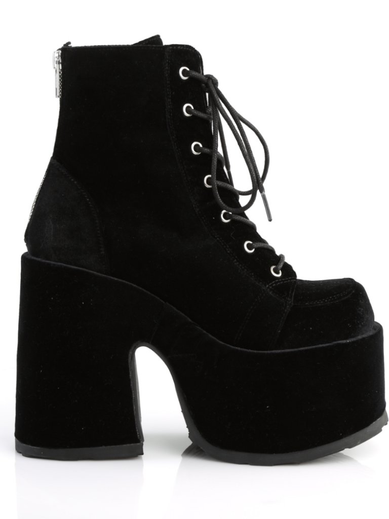 Chunky Heel Platform Black Velvet Ankle Boot With Metal Back Zip Closure